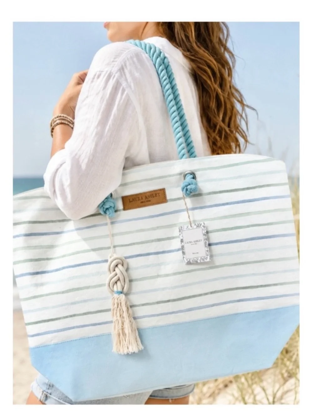 Laura Ashley Blue Striped Canvas Tote with Rope Handles